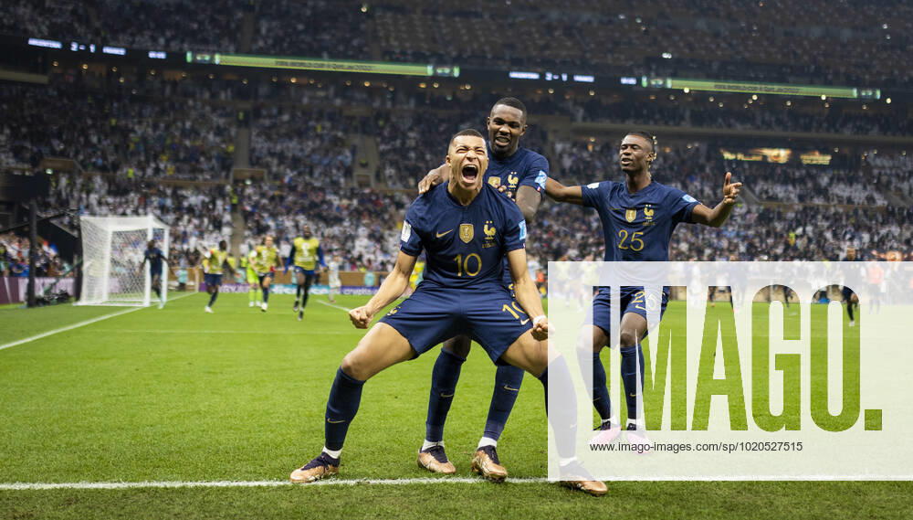 Doha, Qatar. 18th Dec, 2022. Goal celebration: Kylian Mbappe (FRA), Marcus Thuram (FRA), Eduardo Camavinga (FRA) Argentina - France Final Match Argentinien - Frankreich World Cup 2022 in Qatar 18.12.2022