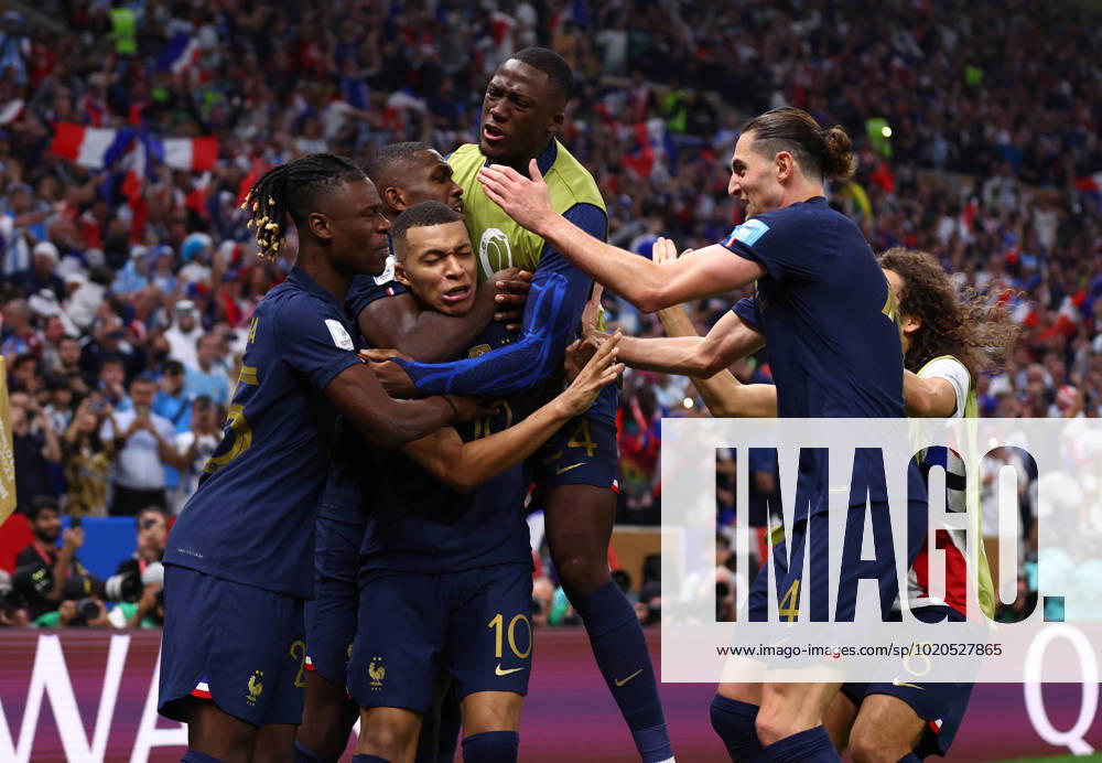 Doha, Qatar, 18th December 2022. Kylan Mbappe of France celebrates scoring their second goal the equaliser during the FIFA World Cup, WM, Weltmeisterschaft, Fussball 2022 match at Lusail Stadium, Doha. Picture credit should read: David Klein Sportimage . SPI-2101-0151