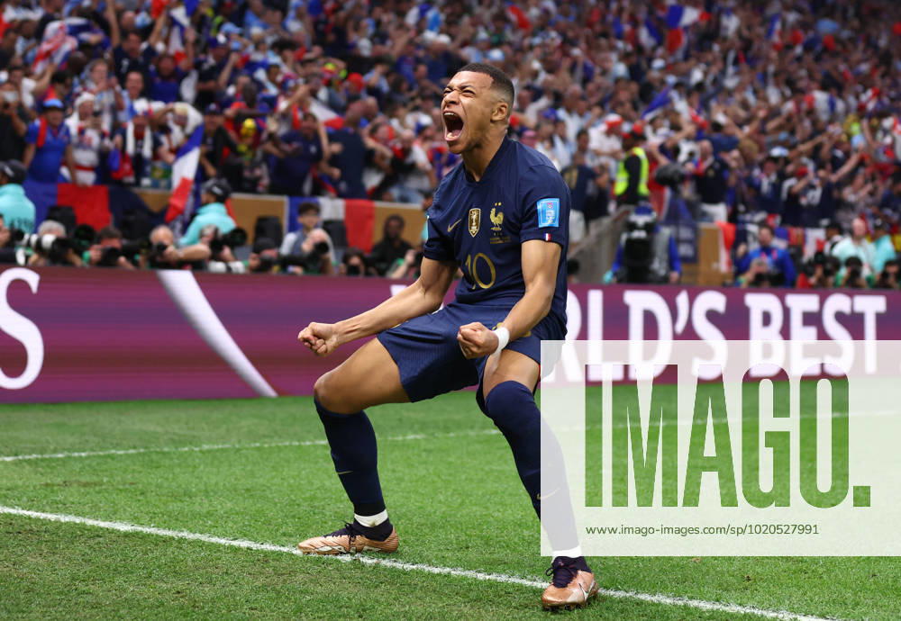 Doha, Qatar, 18th December 2022. Kylan Mbappe of France celebrates scoring their second goal the equaliser during the FIFA World Cup, WM, Weltmeisterschaft, Fussball 2022 match at Lusail Stadium, Doha. Picture credit should read: David Klein Sportimage . SPI-2101-0152