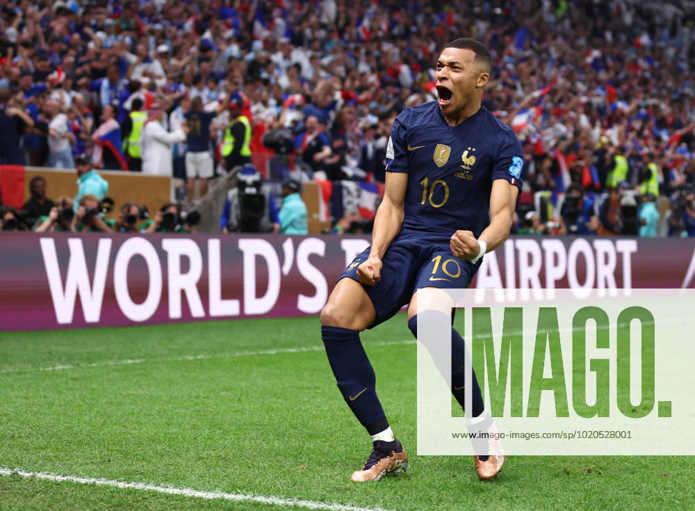 Doha, Qatar, 18th December 2022. Kylan Mbappe of France celebrates scoring their second goal the equaliser during the FIFA World Cup, WM, Weltmeisterschaft, Fussball 2022 match at Lusail Stadium, Doha. Picture credit should read: David Klein Sportimage . SPI-2101-0154