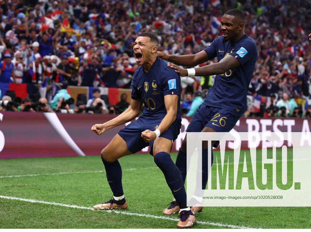 Doha, Qatar, 18th December 2022. Kylan Mbappe of France celebrates scoring their second goal the equaliser during the FIFA World Cup, WM, Weltmeisterschaft, Fussball 2022 match at Lusail Stadium, Doha. Picture credit should read: David Klein Sportimage . SPI-2101-0155