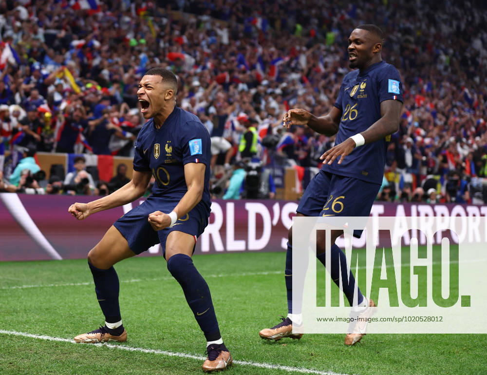 Doha, Qatar, 18th December 2022. Kylan Mbappe of France celebrates scoring their second goal the equaliser during the FIFA World Cup, WM, Weltmeisterschaft, Fussball 2022 match at Lusail Stadium, Doha. Picture credit should read: David Klein Sportimage . SPI-2101-0156