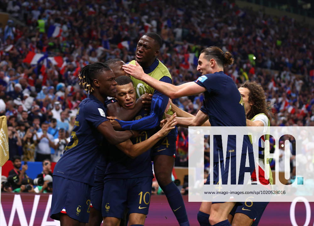 Doha, Qatar, 18th December 2022. Kylan Mbappe of France celebrates scoring their second goal the equaliser during the FIFA World Cup, WM, Weltmeisterschaft, Fussball 2022 match at Lusail Stadium, Doha. Picture credit should read: David Klein Sportimage . SPI-2101-0157