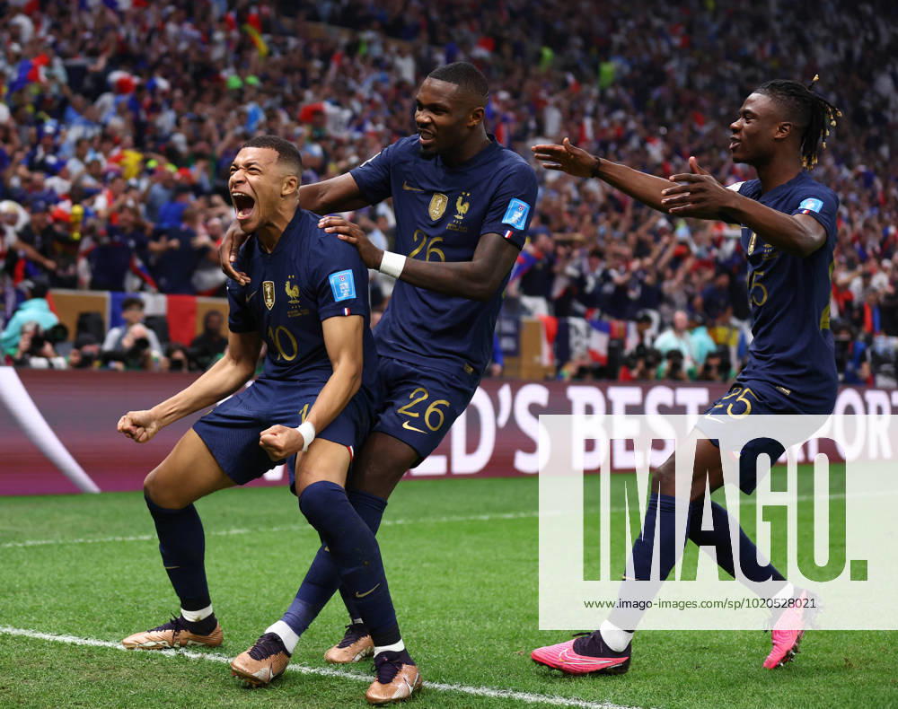 Doha, Qatar, 18th December 2022. Kylan Mbappe of France celebrates scoring their second goal the equaliser during the FIFA World Cup, WM, Weltmeisterschaft, Fussball 2022 match at Lusail Stadium, Doha. Picture credit should read: David Klein Sportimage . SPI-2101-0158