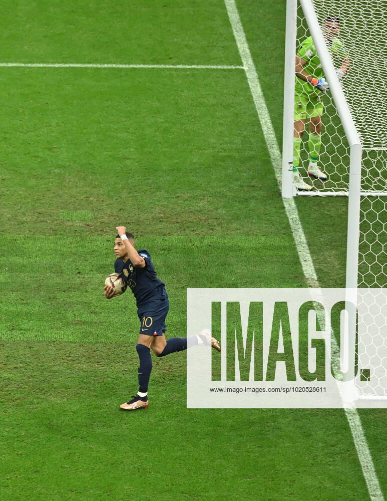 (221218) -- LUSAIER, Dec. 18, 2022 -- Kylian Mbappe of France celebrates his goal during the Final between Argentina and France at the 2022 FIFA World Cup, WM, Weltmeisterschaft, Fussball at Lusail Stadium in Lusail, Qatar, Dec. 18, 2022. ) (SP)QATAR-LUSAIL-2022 WORLD CUP-FINAL-ARG VS FRA XiaoxYijiu