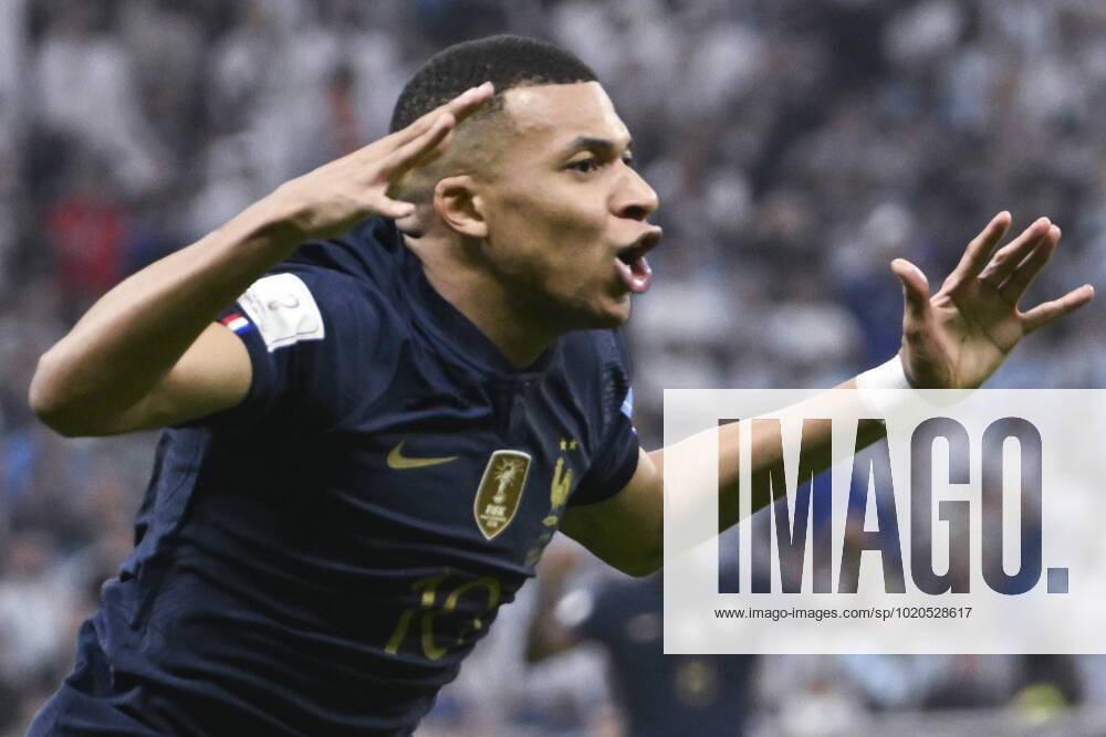 (221218) -- LUSAIER, Dec. 18, 2022 -- Kylian Mbappe of France celebrates his goal during the Final between Argentina and France at the 2022 FIFA World Cup, WM, Weltmeisterschaft, Fussball at Lusail Stadium in Lusail, Qatar, Dec. 18, 2022. ) (SP)QATAR-LUSAIL-2022 WORLD CUP-FINAL-ARG VS FRA LixGa