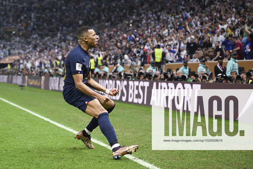 (221218) -- LUSAIER, Dec. 18, 2022 -- Kylian Mbappe of France celebrates his goal during the Final between Argentina and France at the 2022 FIFA World Cup, WM, Weltmeisterschaft, Fussball at Lusail Stadium in Lusail, Qatar, Dec. 18, 2022. ) (SP)QATAR-LUSAIL-2022 WORLD CUP-FINAL-ARG VS FRA LixGa