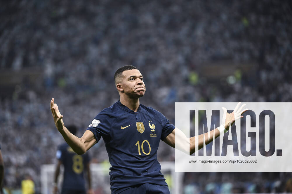 (221218) -- LUSAIER, Dec. 18, 2022 -- Kylian Mbappe of France celebrates his goal during the Final between Argentina and France at the 2022 FIFA World Cup, WM, Weltmeisterschaft, Fussball at Lusail Stadium in Lusail, Qatar, Dec. 18, 2022. ) (SP)QATAR-LUSAIL-2022 WORLD CUP-FINAL-ARG VS FRA LixGa