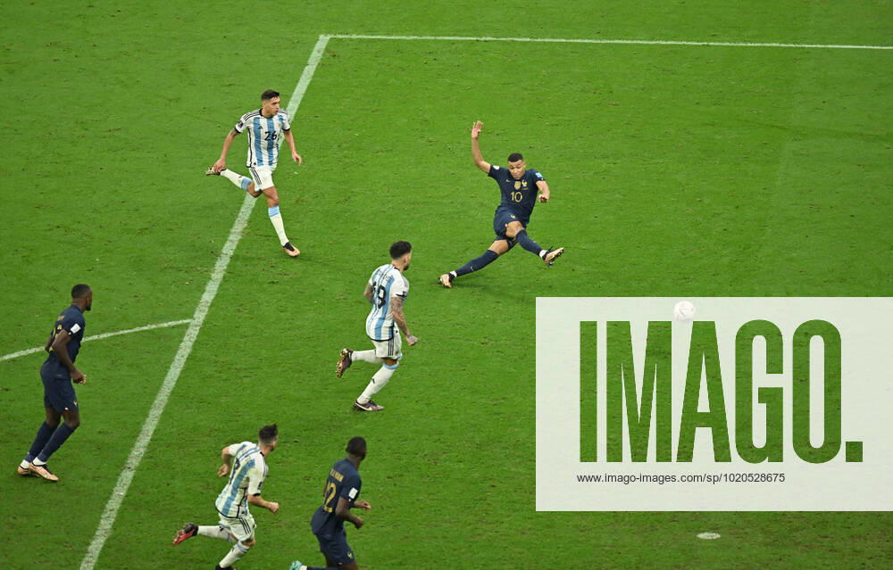 (221218) -- LUSAIER, Dec. 18, 2022 -- Kylian Mbappe (1st R) of France scores a goal during the Final between Argentina and France at the 2022 FIFA World Cup, WM, Weltmeisterschaft, Fussball at Lusail Stadium in Lusail, Qatar, Dec. 18, 2022. ) (SP)QATAR-LUSAIL-2022 WORLD CUP-FINAL-ARG VS FRA XiaoxYijiu