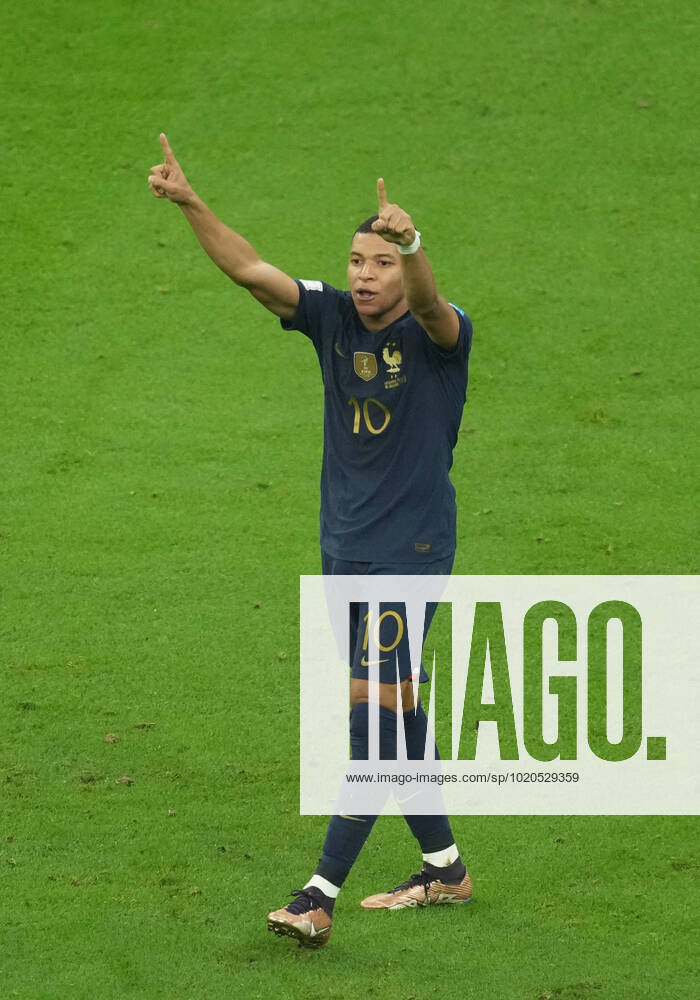 (221218) -- LUSAIER, Dec. 18, 2022 -- Kylian Mbappe of France celebrates his goal during the Final between Argentina and France at the 2022 FIFA World Cup, WM, Weltmeisterschaft, Fussball at Lusail Stadium in Lusail, Qatar, Dec. 18, 2022. ) (SP)QATAR-LUSAIL-2022 WORLD CUP-FINAL-ARG VS FRA XiaoxYijiu