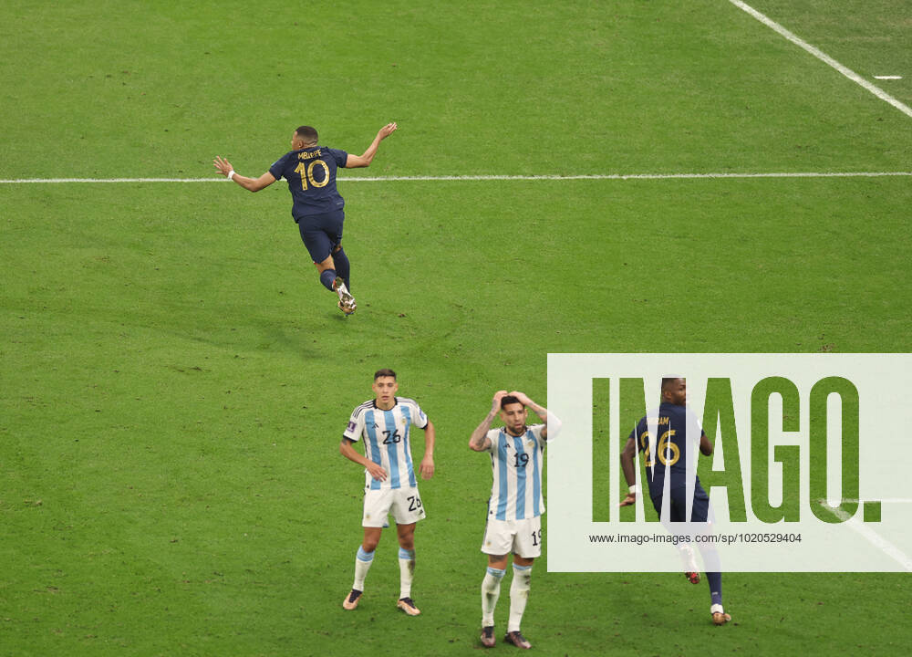 (221218) -- LUSAIER, Dec. 18, 2022 -- Kylian Mbappe (Above) of France celebrates his goal during the Final between Argentina and France at the 2022 FIFA World Cup, WM, Weltmeisterschaft, Fussball at Lusail Stadium in Lusail, Qatar, Dec. 18, 2022. ) (SP)QATAR-LUSAIL-2022 WORLD CUP-FINAL-ARG VS FRA XuxZijian