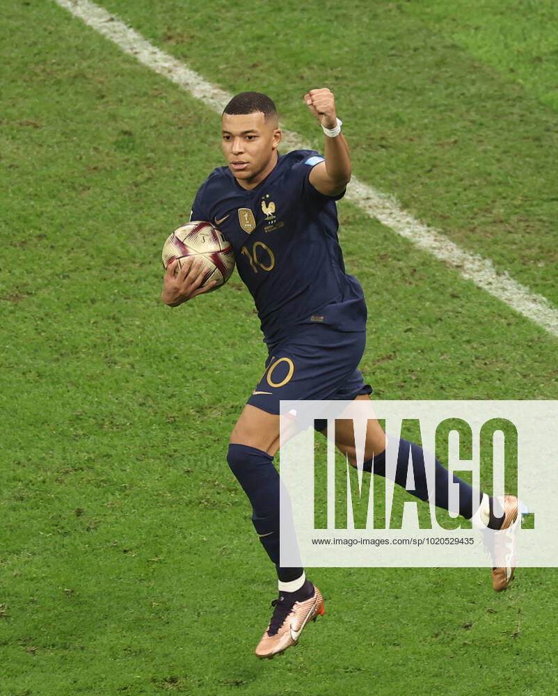 (221218) -- LUSAIER, Dec. 18, 2022 -- Kylian Mbappe of France celebrates his goal during the Final between Argentina and France at the 2022 FIFA World Cup, WM, Weltmeisterschaft, Fussball at Lusail Stadium in Lusail, Qatar, Dec. 18, 2022. ) (SP)QATAR-LUSAIL-2022 WORLD CUP-FINAL-ARG VS FRA XuxZijian