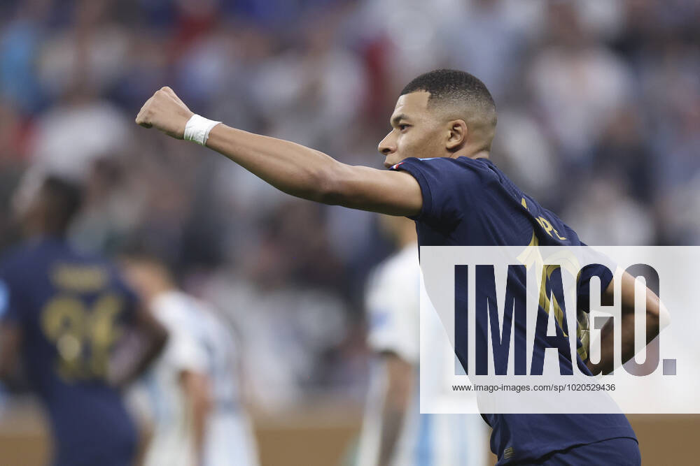 (221218) -- LUSAIER, Dec. 18, 2022 -- Kylian Mbappe of France celebrates his goal during the Final between Argentina and France at the 2022 FIFA World Cup, WM, Weltmeisterschaft, Fussball at Lusail Stadium in Lusail, Qatar, Dec. 18, 2022. ) (SP)QATAR-LUSAIL-2022 WORLD CUP-FINAL-ARG VS FRA LixMing