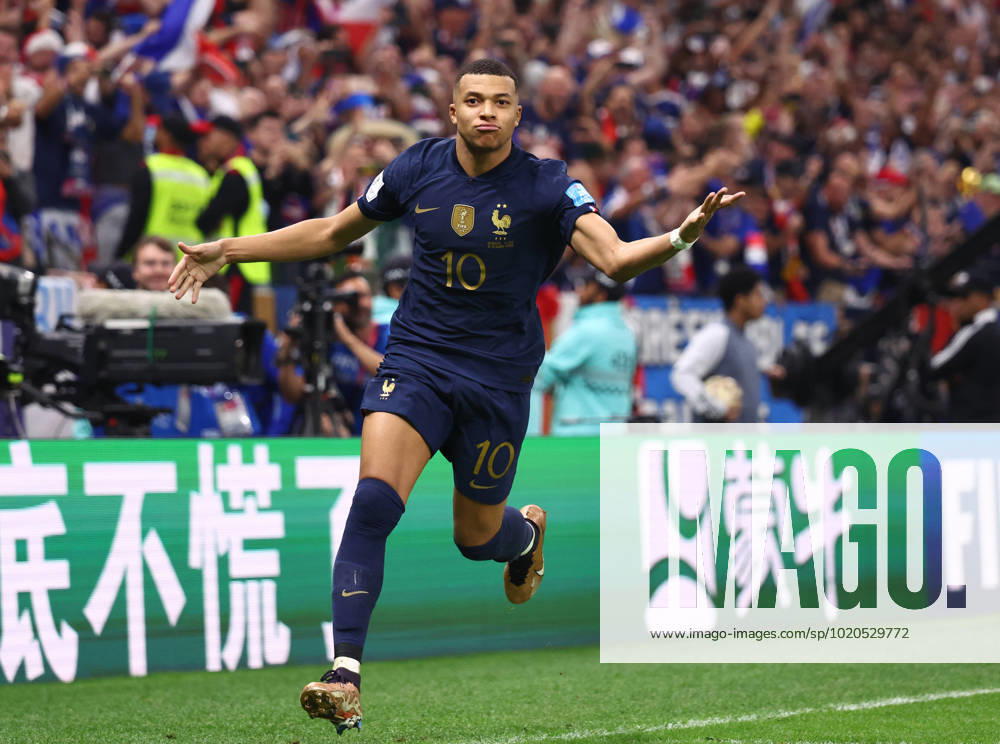 Doha, Qatar, 18th December 2022. Kylan Mbappe of France celebrates scoring their third goal and his hat trick during the FIFA World Cup, WM, Weltmeisterschaft, Fussball 2022 match at Lusail Stadium, Doha. Picture credit should read: David Klein Sportimage . SPI-2101-0178