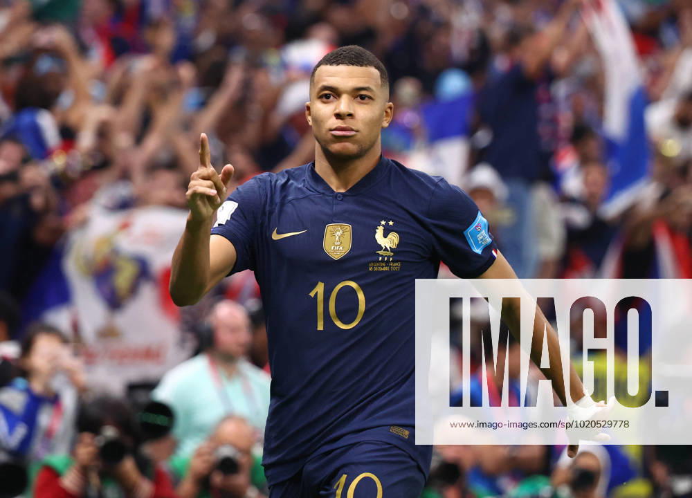Doha, Qatar, 18th December 2022. Kylan Mbappe of France celebrates scoring their third goal and his hat trick during the FIFA World Cup, WM, Weltmeisterschaft, Fussball 2022 match at Lusail Stadium, Doha. Picture credit should read: David Klein Sportimage . SPI-2101-0179