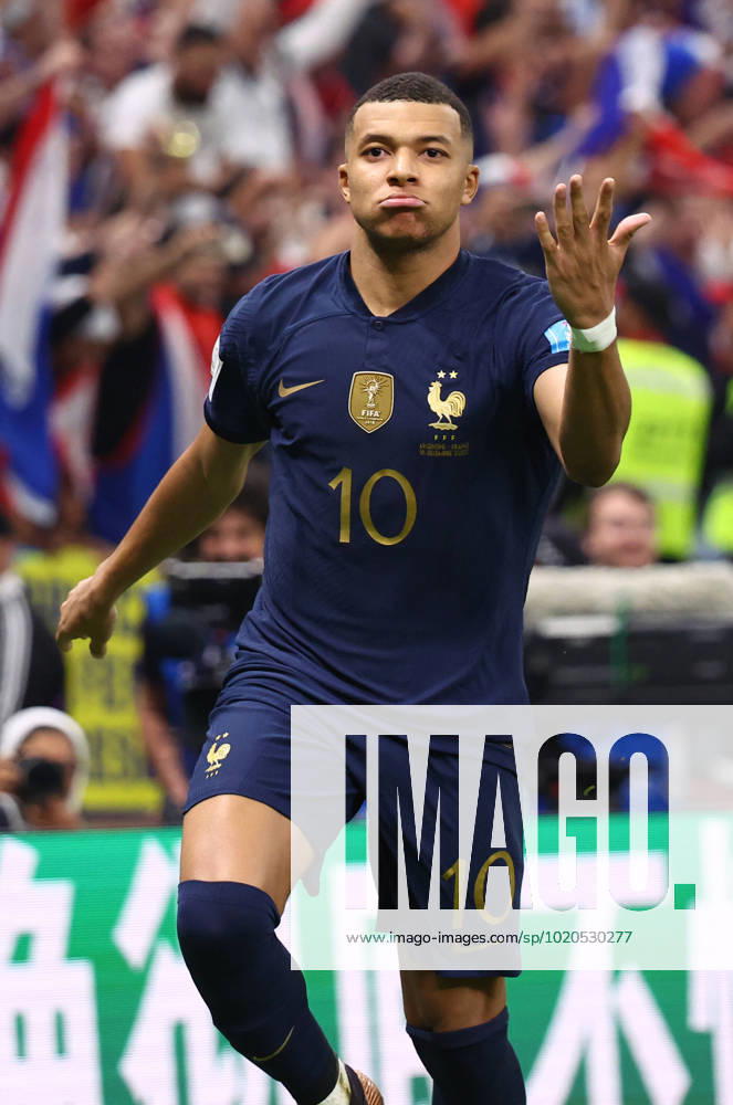Doha, Qatar, 18th December 2022. Kylan Mbappe of France celebrates scoring their third goal and his hat trick during the FIFA World Cup, WM, Weltmeisterschaft, Fussball 2022 match at Lusail Stadium, Doha. Picture credit should read: David Klein Sportimage . SPI-2101-0182