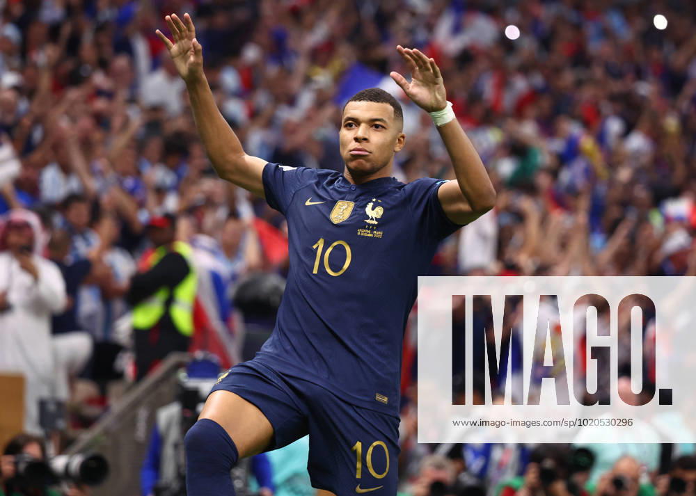 Doha, Qatar, 18th December 2022. Kylan Mbappe of France celebrates scoring their third goal and his hat trick during the FIFA World Cup, WM, Weltmeisterschaft, Fussball 2022 match at Lusail Stadium, Doha. Picture credit should read: David Klein Sportimage . SPI-2101-0185