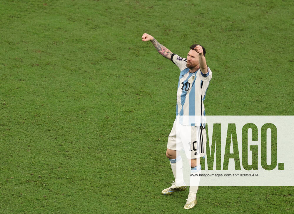 (221218) -- LUSAIER, Dec. 18, 2022 -- Lionel Messi of Argentina celebrates scoring during the Final between Argentina and France at the 2022 FIFA World Cup, WM, Weltmeisterschaft, Fussball at Lusail Stadium in Lusail, Qatar, Dec. 18, 2022. ) (SP)QATAR-LUSAIL-2022 WORLD CUP-FINAL-ARG VS FRA XuxZijian