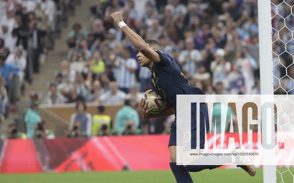 Kylian Mbappe of France celebrates a goal during the final of the FIFA World Cup, WM, Weltmeisterschaft, Fussball soccer tournament between Argentina and France at Lusail stadium in Lusail, Qatar, 18 December 2022. Soccer World Cup 2022: Argentina - France !ACHTUNG: NUR REDAKTIONELLE NUTZUNG!