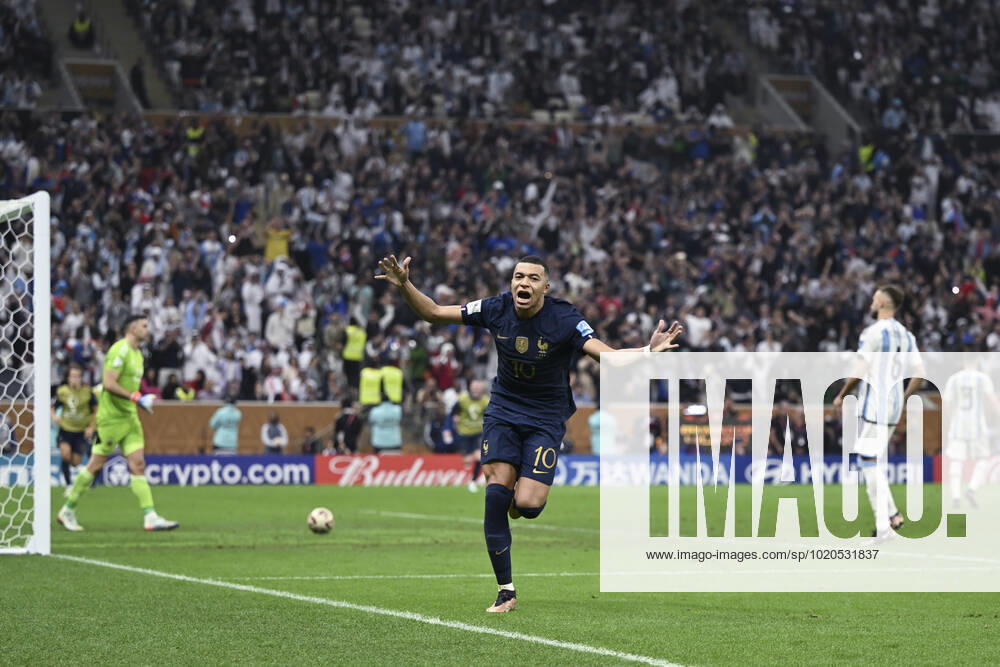 (221218) -- LUSAIER, Dec. 18, 2022 -- Kylian Mbappe of France celebrates his goal during the Final between Argentina and France at the 2022 FIFA World Cup, WM, Weltmeisterschaft, Fussball at Lusail Stadium in Lusail, Qatar, Dec. 18, 2022. ) (SP)QATAR-LUSAIL-2022 WORLD CUP-FINAL-ARG VS FRA LixGa