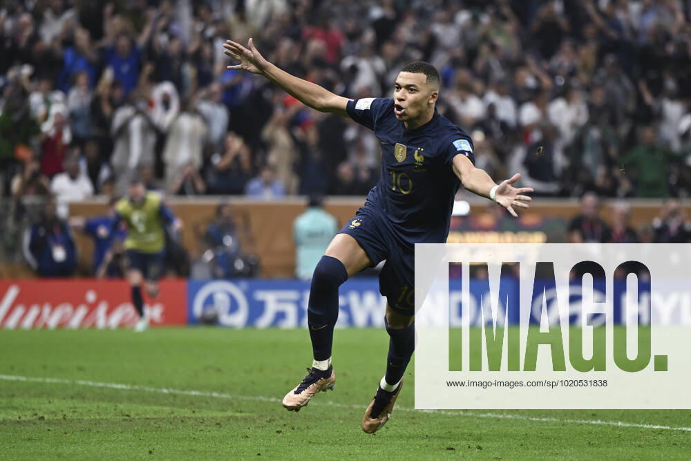(221218) -- LUSAIER, Dec. 18, 2022 -- Kylian Mbappe of France celebrates his goal during the Final between Argentina and France at the 2022 FIFA World Cup, WM, Weltmeisterschaft, Fussball at Lusail Stadium in Lusail, Qatar, Dec. 18, 2022. ) (SP)QATAR-LUSAIL-2022 WORLD CUP-FINAL-ARG VS FRA LixGa