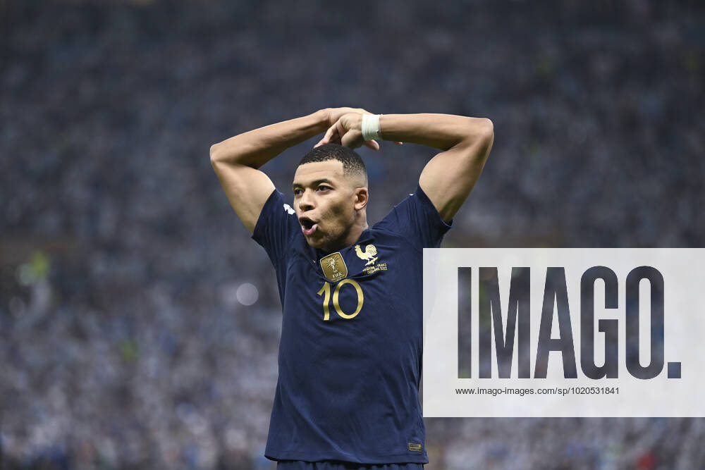 (221218) -- LUSAIER, Dec. 18, 2022 -- Kylian Mbappe of France celebrates his goal during the Final between Argentina and France at the 2022 FIFA World Cup, WM, Weltmeisterschaft, Fussball at Lusail Stadium in Lusail, Qatar, Dec. 18, 2022. ) (SP)QATAR-LUSAIL-2022 WORLD CUP-FINAL-ARG VS FRA LixGa