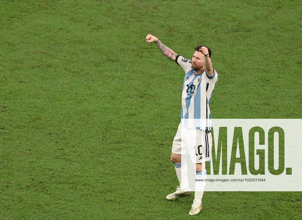 (221218) -- LUSAIER, Dec. 18, 2022 -- Lionel Messi of Argentina celebrates his goal during the Final between Argentina and France at the 2022 FIFA World Cup, WM, Weltmeisterschaft, Fussball at Lusail Stadium in Lusail, Qatar, Dec. 18, 2022. ) (SP)QATAR-LUSAIL-2022 WORLD CUP-FINAL-ARG VS FRA XuxZijian