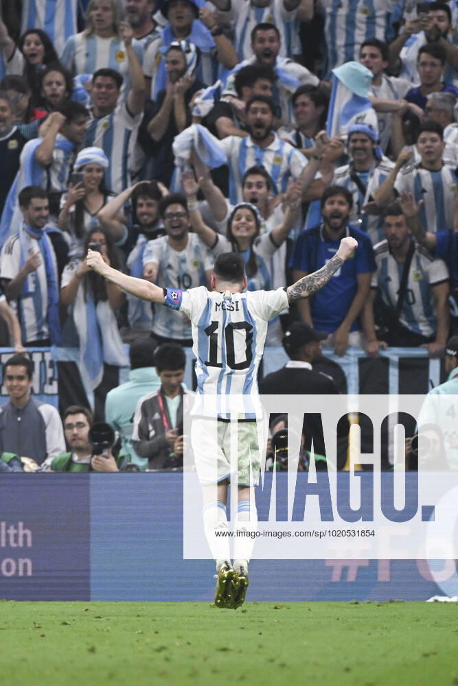 (221218) -- LUSAIER, Dec. 18, 2022 -- Lionel Messi of Argentina celebrates his goal during the Final between Argentina and France at the 2022 FIFA World Cup, WM, Weltmeisterschaft, Fussball at Lusail Stadium in Lusail, Qatar, Dec. 18, 2022. ) (SP)QATAR-LUSAIL-2022 WORLD CUP-FINAL-ARG VS FRA LixGa