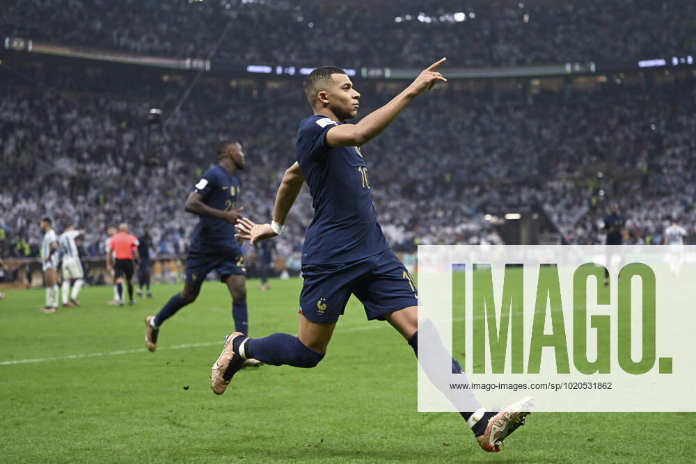 (221218) -- LUSAIER, Dec. 18, 2022 -- Kylian Mbappe of France celebrates his goal during the Final between Argentina and France at the 2022 FIFA World Cup, WM, Weltmeisterschaft, Fussball at Lusail Stadium in Lusail, Qatar, Dec. 18, 2022. ) (SP)QATAR-LUSAIL-2022 WORLD CUP-FINAL-ARG VS FRA LixGa