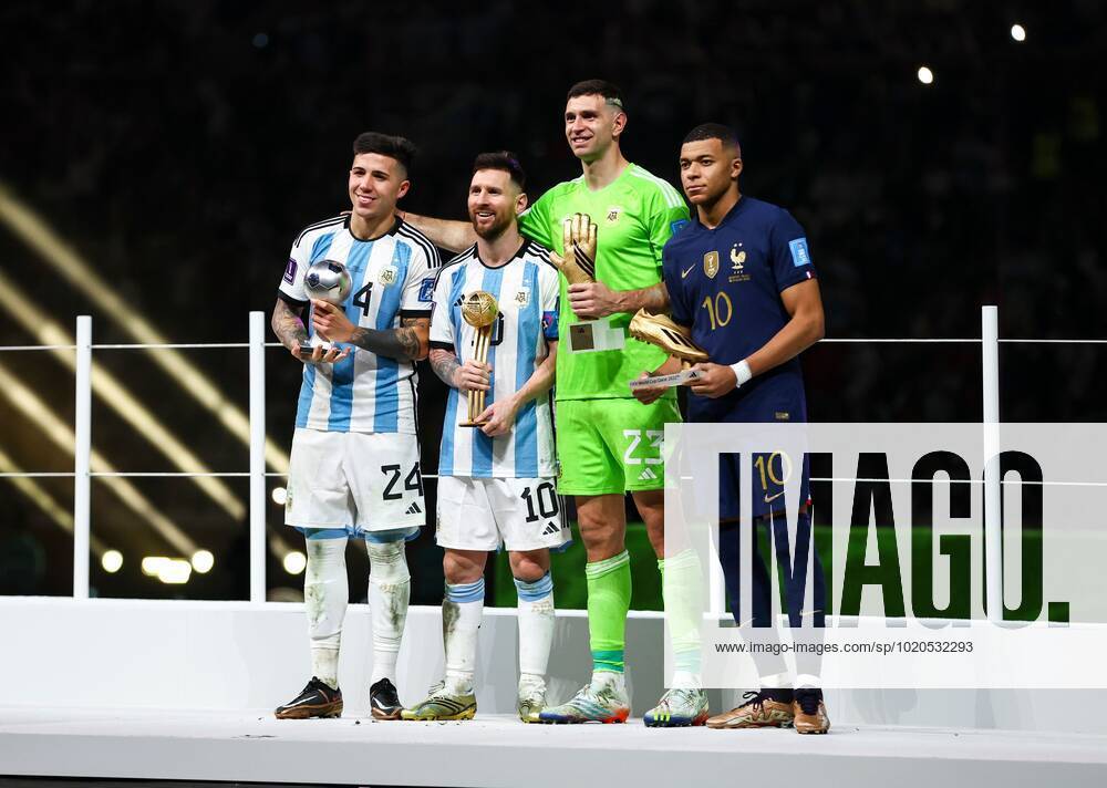 Mandatory Credit: Photo by Kieran McManus Shutterstock (13670809hd) Enzo Fernandez of Argentina, Young Player of the Tournament, Lionel Messi of Argentina, Player of the Tournament, Emiliano Martinez goalkeeper of Argentina, Golden Glove winner and Kylian Mbappe of France, Golden Boot winner Argentina v France, FIFA World Cup, WM, Weltmeisterschaft, Fussball 2022, Final, Football, Lusail Stadium, Al Daayen, Qatar - 18 Dec 2022 Editorial Use Only Argentina v France, FIFA World Cup 2022, Final, Football, Lusail Stadium, Al Daayen, Qatar - 18 Dec 2022 Editorial Use Only