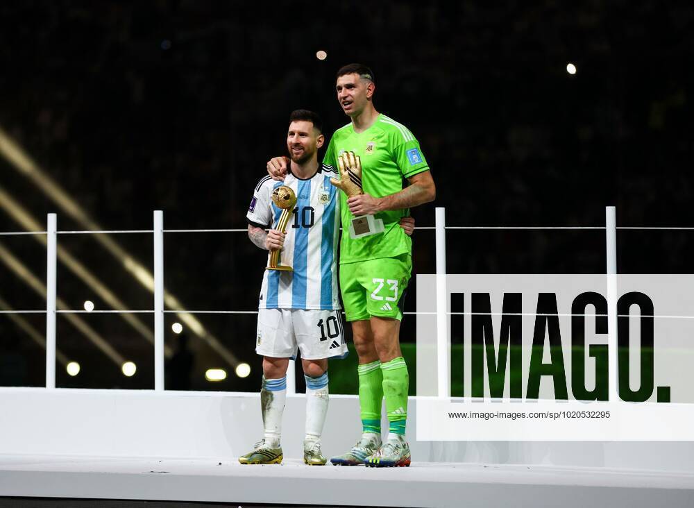 Mandatory Credit: Photo by Kieran McManus Shutterstock (13670809hc) Lionel Messi of Argentina, Player of the Tournament, Emiliano Martinez goalkeeper of Argentina, Golden Glove winner Argentina v France, FIFA World Cup, WM, Weltmeisterschaft, Fussball 2022, Final, Football, Lusail Stadium, Al Daayen, Qatar - 18 Dec 2022 Editorial Use Only Argentina v France, FIFA World Cup 2022, Final, Football, Lusail Stadium, Al Daayen, Qatar - 18 Dec 2022 Editorial Use Only