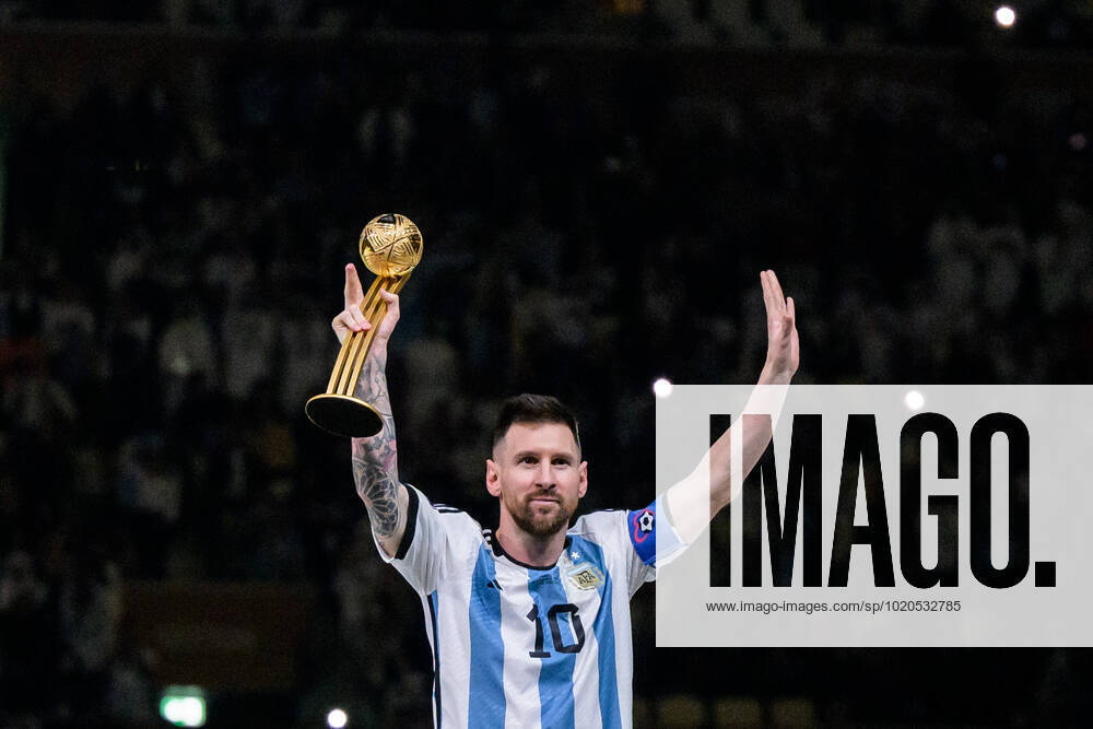 Lionel Messi of Argentina with his Golden Ball Award after the FIFA World Cup, WM, Weltmeisterschaft, Fussball 2022 final between Argentina and France on December 18, 2022 in Doha. Photo: Joel Marklund BILDBYRAN kod JM JM0415 bbeng fotboll football soccer fotball vm fotbolls-vm fotball-vm fotbolls-vm 2022 fifa world cup 2022 final argentina frankrike france champions world champions FIFA World Cup Champions Gold medalist jubel celebration