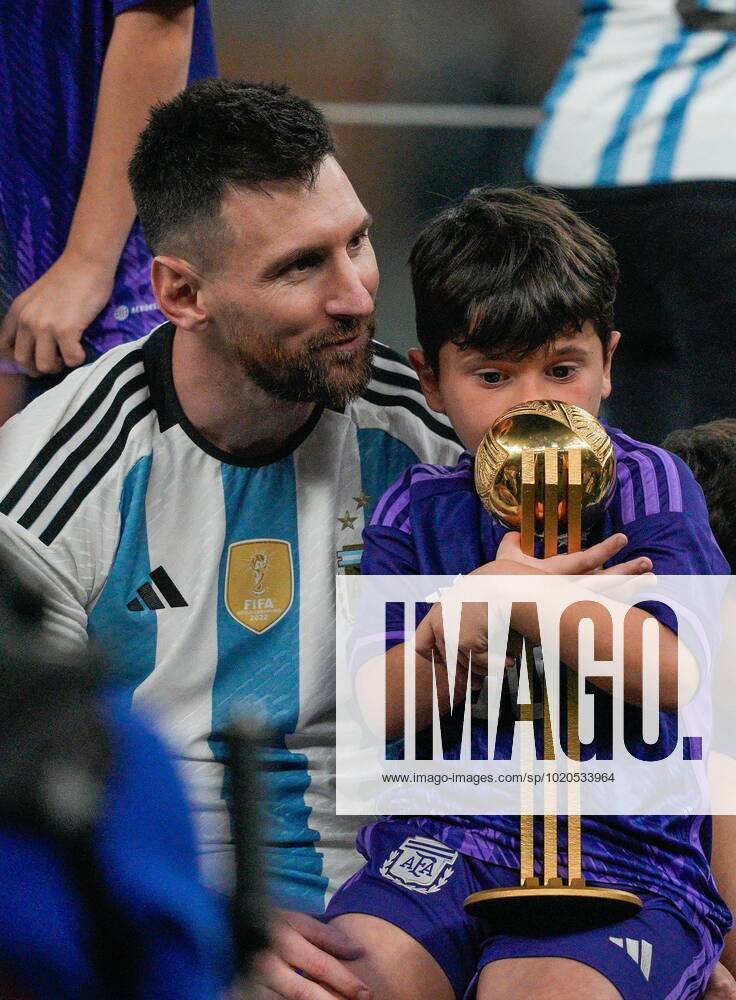 Mandatory Credit: Photo by Dave Shopland Shutterstock (13670813dd) Lionel Messi of Argentina celebrates with the FIFA Golden Ball award with his sons following the trophy lift Argentina v France, FIFA World Cup, WM, Weltmeisterschaft, Fussball 2022, Final, Football, Lusail Stadium, Al Daayen, Qatar - 18 Dec 2022 Editorial Use Only Argentina v France, FIFA World Cup 2022, Final, Football, Lusail Stadium, Al Daayen, Qatar - 18 Dec 2022 Editorial Use Only