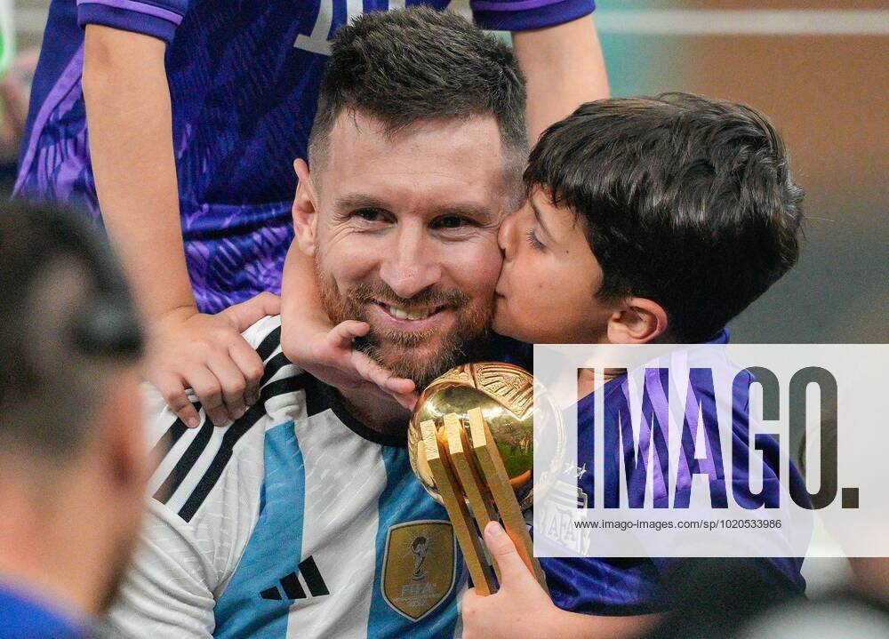 Mandatory Credit: Photo by Dave Shopland Shutterstock (13670813db) Ciro, youngest son of Lionel Messi of Argentina, gives his father a kiss as he lifts the FIFA Golden Ball award following the trophy lift Argentina v France, FIFA World Cup, WM, Weltmeisterschaft, Fussball 2022, Final, Football, Lusail Stadium, Al Daayen, Qatar - 18 Dec 2022 Editorial Use Only Argentina v France, FIFA World Cup 2022, Final, Football, Lusail Stadium, Al Daayen, Qatar - 18 Dec 2022 Editorial Use Only