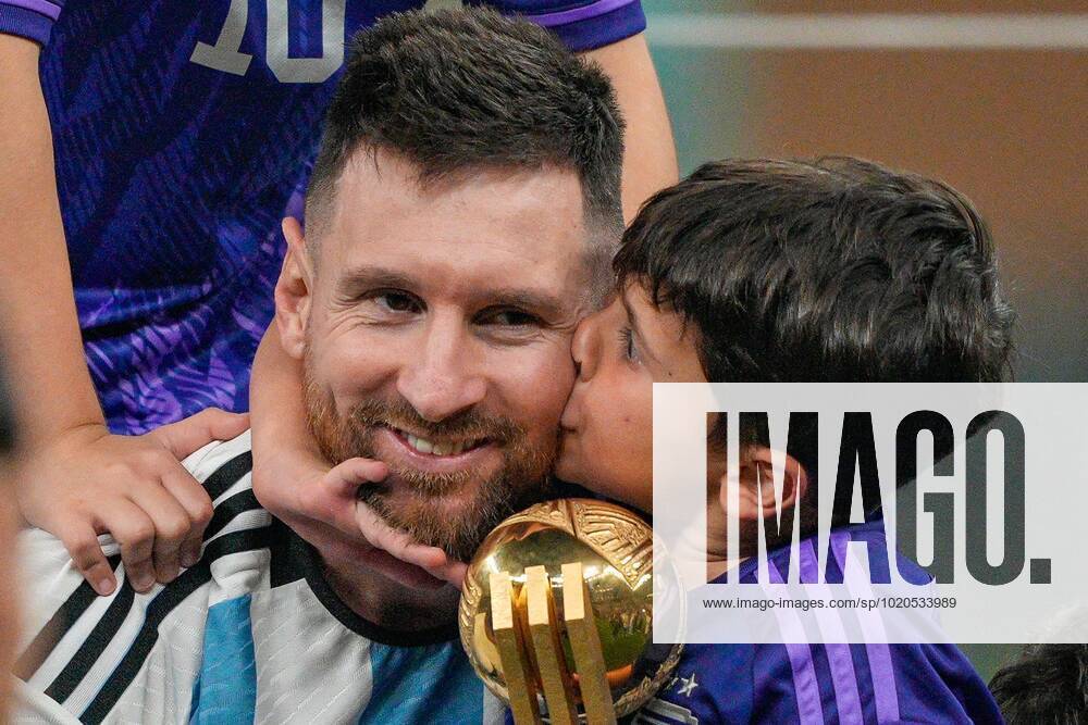 Mandatory Credit: Photo by Dave Shopland Shutterstock (13670813dc) Ciro, youngest son of Lionel Messi of Argentina, gives his father a kiss as he lifts the FIFA Golden Ball award following the trophy lift Argentina v France, FIFA World Cup, WM, Weltmeisterschaft, Fussball 2022, Final, Football, Lusail Stadium, Al Daayen, Qatar - 18 Dec 2022 Editorial Use Only Argentina v France, FIFA World Cup 2022, Final, Football, Lusail Stadium, Al Daayen, Qatar - 18 Dec 2022 Editorial Use Only