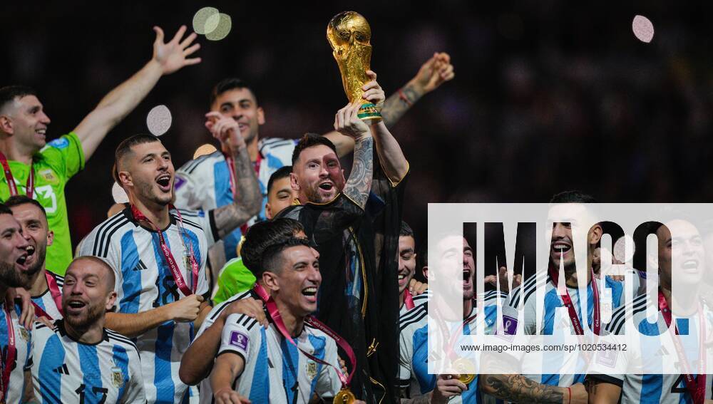 Mandatory Credit: Photo by Dave Shopland Shutterstock (13670813dn) Lionel Messi of Argentina lifts the FIFA World Cup, WM, Weltmeisterschaft, Fussball trophy alongside his teammates Argentina v France, FIFA World Cup 2022, Final, Football, Lusail Stadium, Al Daayen, Qatar - 18 Dec 2022 Editorial Use Only Argentina v France, FIFA World Cup 2022, Final, Football, Lusail Stadium, Al Daayen, Qatar - 18 Dec 2022 Editorial Use Only