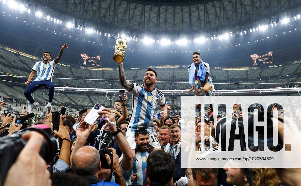 Mandatory Credit: Photo by Kieran McManus Shutterstock (13670809id) Lionel Messi lifts the trophy after Argentina win the World Cup Argentina v France, FIFA World Cup, WM, Weltmeisterschaft, Fussball 2022, Final, Football, Lusail Stadium, Al Daayen, Qatar - 18 Dec 2022 Editorial Use Only Argentina v France, FIFA World Cup 2022, Final, Football, Lusail Stadium, Al Daayen, Qatar - 18 Dec 2022 Editorial Use Only