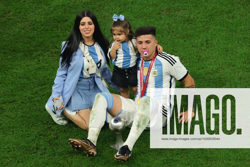 Enzo Fernandez of Argentina celebrates with family during the Final of the FIFA World Cup, WM, Weltmeisterschaft, Fussball Qatar 2022 between Argentina and France at Lusail Stadium, Lusail, Qatar on 18 December 2022.