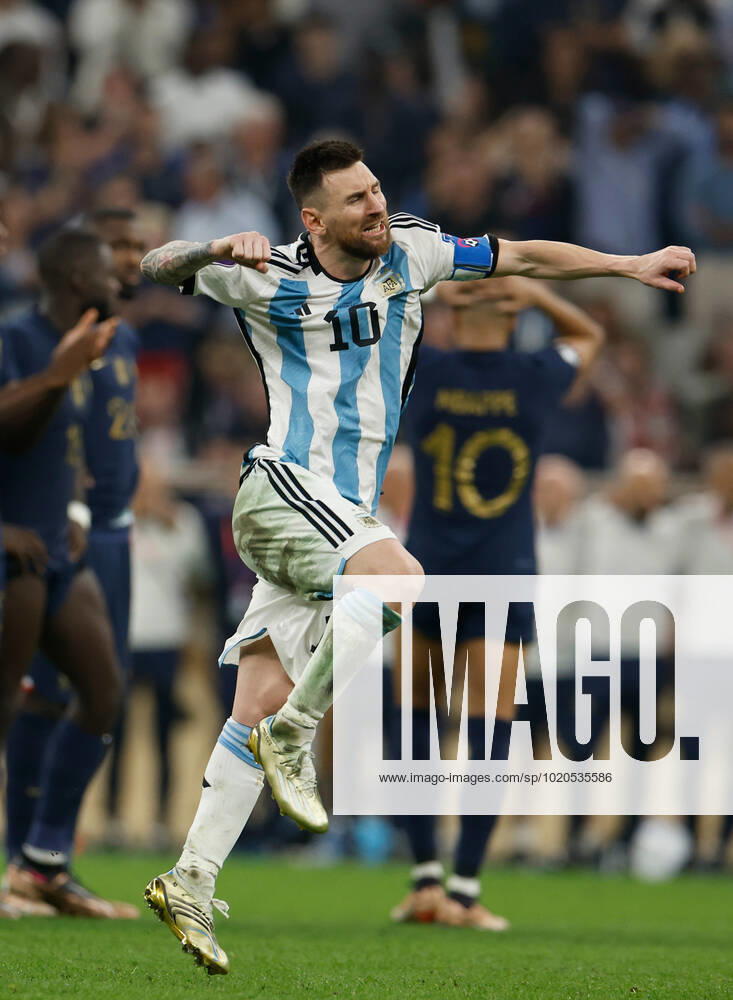(221218) -- LUSAIL, Dec. 18, 2022 -- Lionel Messi of Argentina celebrates during the penalty shoot-out of the Final between Argentina and France at the 2022 FIFA World Cup, WM, Weltmeisterschaft, Fussball at Lusail Stadium in Lusail, Qatar, Dec. 18, 2022. ) (SP)QATAR-LUSAIL-2022 WORLD CUP-FINAL-ARG VS FRA WangxLili