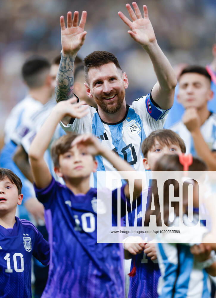 (221218) -- LUSAIL, Dec. 18, 2022 -- Lionel Messi of Argentina celebrates their victory with his families after the penalty shoot-out of the Final between Argentina and France at the 2022 FIFA World Cup, WM, Weltmeisterschaft, Fussball at Lusail Stadium in Lusail, Qatar, Dec. 18, 2022. ) (SP)QATAR-LUSAIL-2022 WORLD CUP-FINAL-ARG VS FRA WangxLili