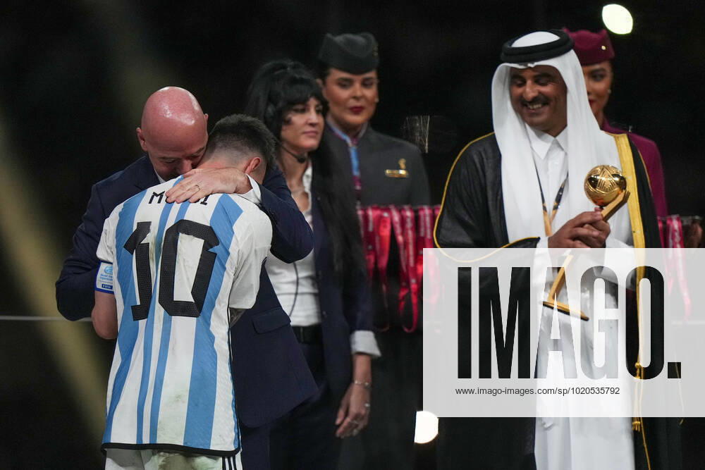 QAT: Argentina v France. FIFA World Cup, WM, Weltmeisterschaft, Fussball Qatar 2022. Final FIFA president Gianni Infantino with Lionel Messi of Argentina during the FIFA World Cup Qatar 2022 match, Final, between Argentina and France played at Lusail Stadium on Dec 18, 2022 in Lusail, Qatar.