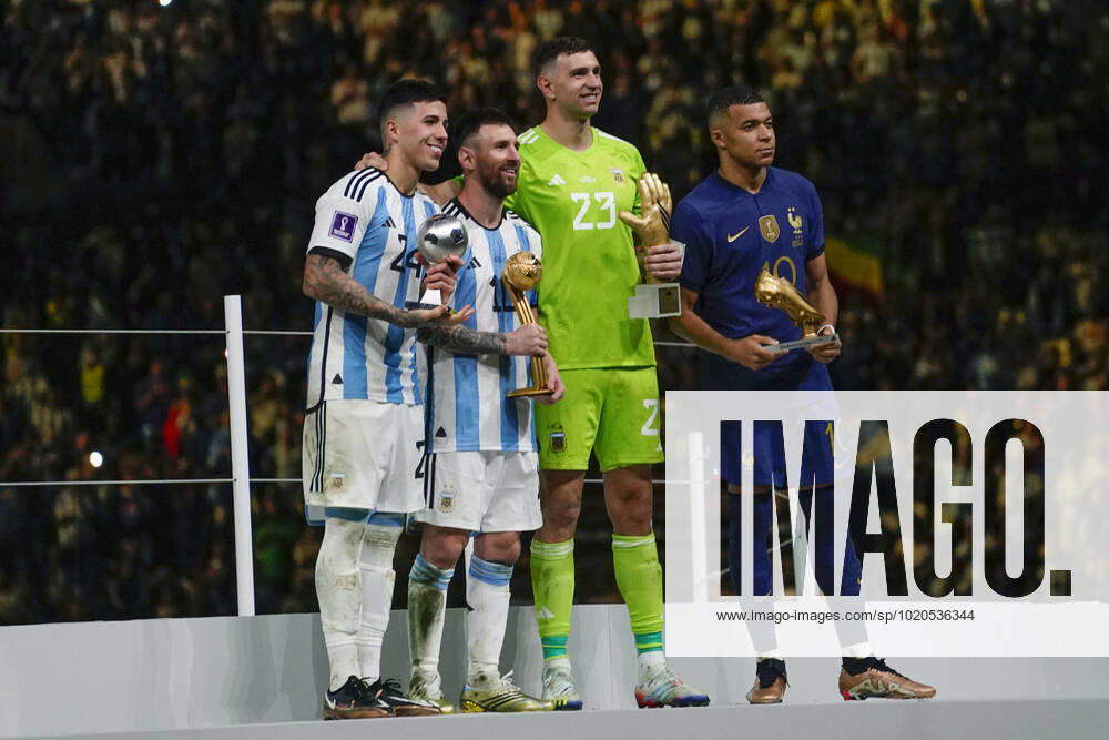 QAT: Argentina v France. FIFA World Cup, WM, Weltmeisterschaft, Fussball Qatar 2022. Final Lionel Messi and Emiliano Martinez and Enzo Fernandez of Argentina and Kylian Mbappe of France during the FIFA World Cup Qatar 2022 match, Final, between Argentina and France played at Lusail Stadium on Dec 18, 2022 in Lusail, Qatar.