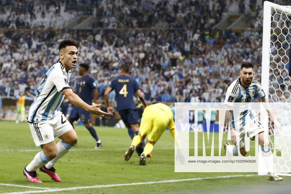 Player of Argentina Lionel Messi celebrates after scoring a goal with Lautaro Martinez during the FIFA World Cup, WM, Weltmeisterschaft, Fussball Qatar 2022 Final match between Argentina and France at Lusail Stadium on December 18, 2022 in Lusail, Qatar. (Photo by Florencia Tan Jun PxImages Icon Sportwire) SOCCER: DEC 18 FIFA World Cup Final - France v Argentina Icon2212181578