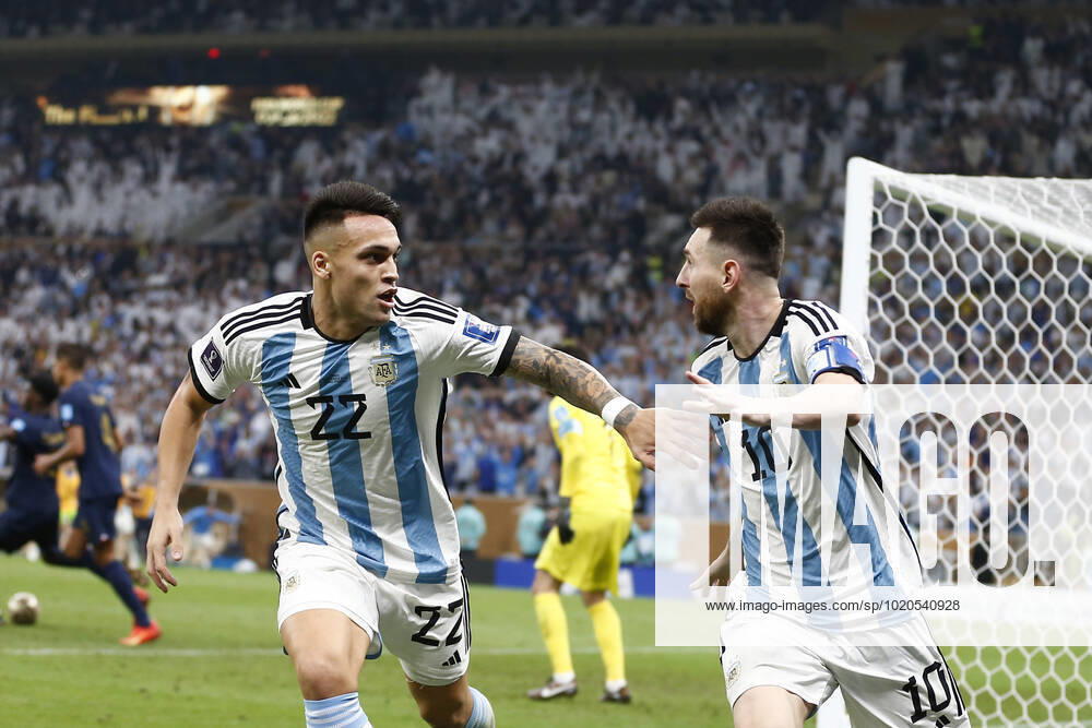 Player of Argentina Lionel Messi celebrates after scoring a goal with Lautaro Martinez during the FIFA World Cup, WM, Weltmeisterschaft, Fussball Qatar 2022 Final match between Argentina and France at Lusail Stadium on December 18, 2022 in Lusail, Qatar. (Photo by Florencia Tan Jun PxImages Icon Sportwire) SOCCER: DEC 18 FIFA World Cup Final - France v Argentina Icon2212181579