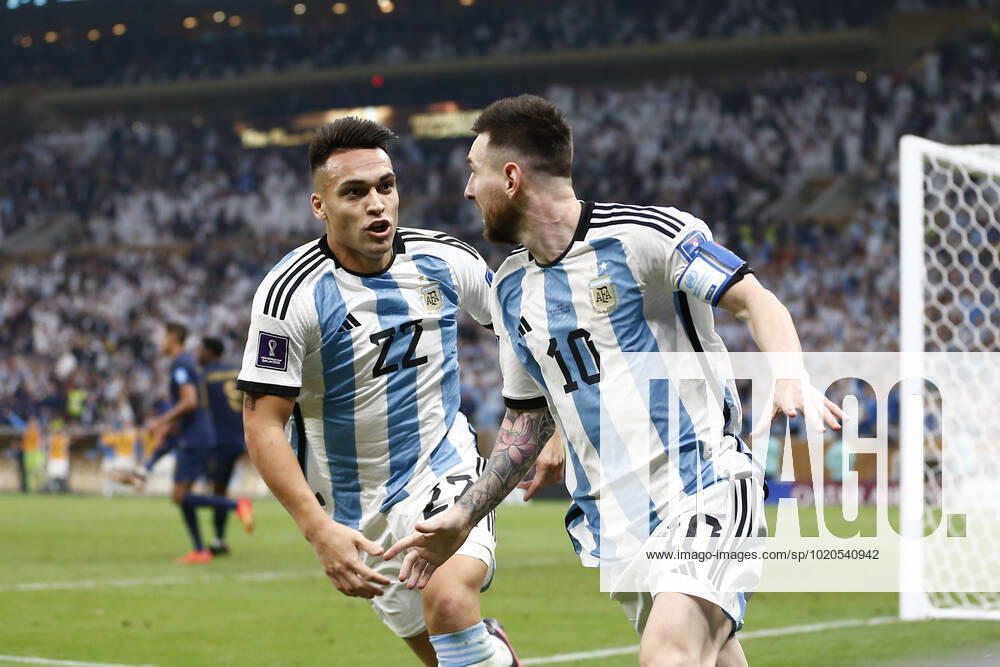 Player of Argentina Lionel Messi celebrates after scoring a goal with Lautaro Martinez during the FIFA World Cup, WM, Weltmeisterschaft, Fussball Qatar 2022 Final match between Argentina and France at Lusail Stadium on December 18, 2022 in Lusail, Qatar. (Photo by Florencia Tan Jun PxImages Icon Sportwire) SOCCER: DEC 18 FIFA World Cup Final - France v Argentina Icon2212181580