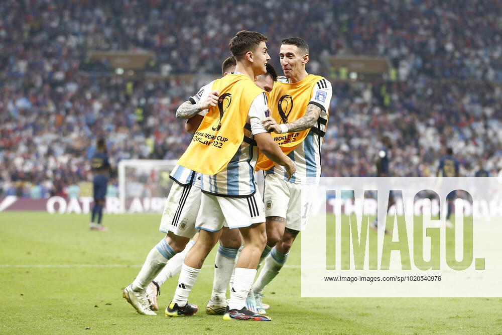 Player of Argentina Lionel Messi celebrates with his teammates after scoring a goal during the FIFA World Cup, WM, Weltmeisterschaft, Fussball Qatar 2022 Final match between Argentina and France at Lusail Stadium on December 18, 2022 in Lusail, Qatar. (Photo by Florencia Tan Jun PxImages Icon Sportwire) SOCCER: DEC 18 FIFA World Cup Final - France v Argentina Icon2212181584