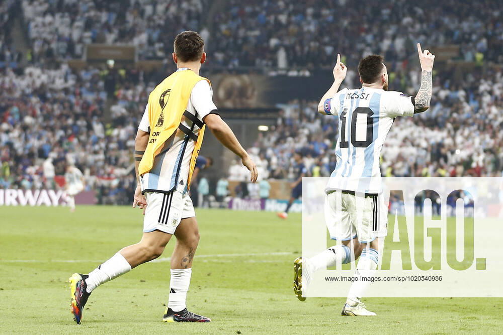 Player of Argentina Lionel Messi celebrates with his teammates after scoring a goal during the FIFA World Cup, WM, Weltmeisterschaft, Fussball Qatar 2022 Final match between Argentina and France at Lusail Stadium on December 18, 2022 in Lusail, Qatar. (Photo by Florencia Tan Jun PxImages Icon Sportwire) SOCCER: DEC 18 FIFA World Cup Final - France v Argentina Icon2212181586