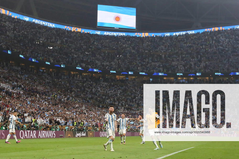 Player of Argentina Lionel Messi celebrates the victory after the penaltis during the FIFA World Cup, WM, Weltmeisterschaft, Fussball Qatar 2022 Final match between Argentina and France at Lusail Stadium on December 18, 2022 in Lusail, Qatar. (Photo by Florencia Tan Jun PxImages Icon Sportwire) SOCCER: DEC 18 FIFA World Cup Final - France v Argentina Icon2212181587