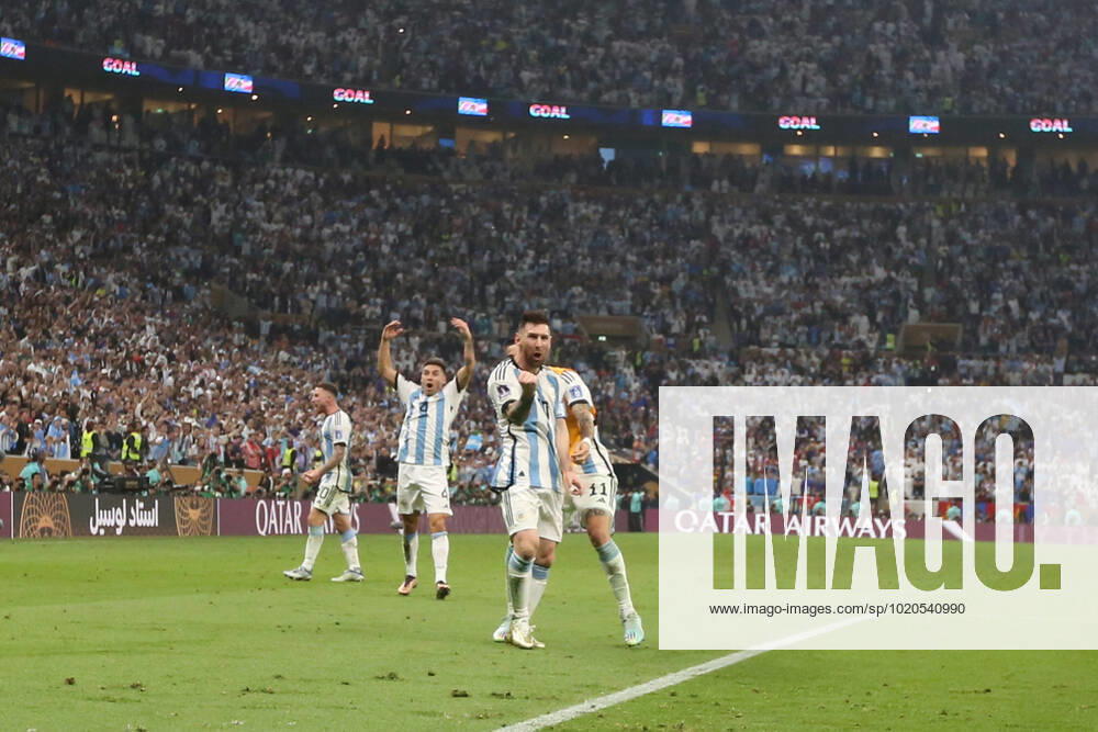 Player of Argentina Lionel Messi celebrates the victory after the penaltis during the FIFA World Cup, WM, Weltmeisterschaft, Fussball Qatar 2022 Final match between Argentina and France at Lusail Stadium on December 18, 2022 in Lusail, Qatar. (Photo by Florencia Tan Jun PxImages Icon Sportwire) SOCCER: DEC 18 FIFA World Cup Final - France v Argentina Icon2212181588