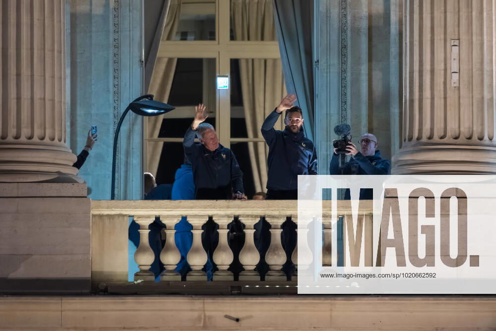 French Football Team Fans Greet The Players On The Place De La Concorde In Paris France s coach Didier Deschamps and captain and goalkeeper Hugo Lloris wave to the crowd as fans of the French football team gather on the Place de la Concorde with French flags to welcome the players on the balcony of the Hotel de Crillon after their return from Qatar following their defeat by Argentina in the World Cup final in Paris on December 19, 2022. Paris France